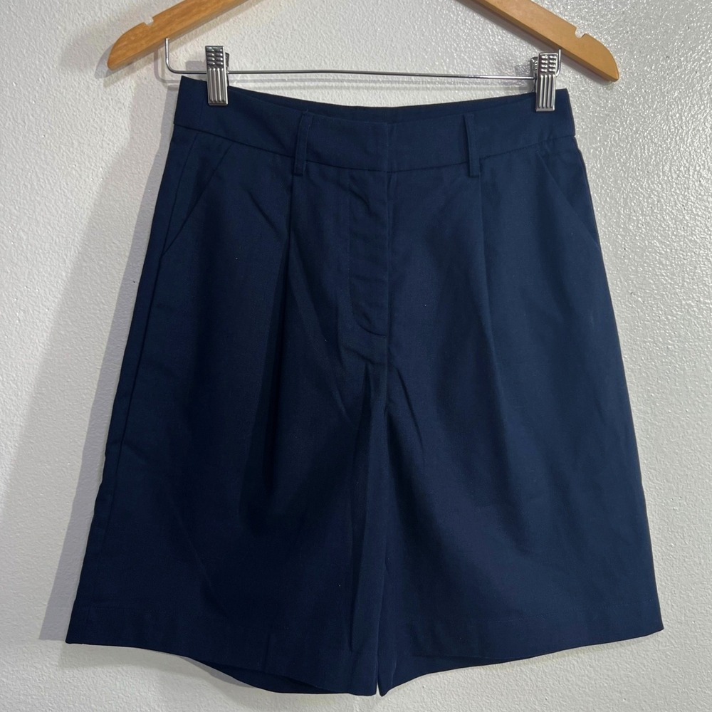 Commense Linen Blend Shorts S Small Navy Blue Pleated High Waisted High Rise New - Picture 2 of 9